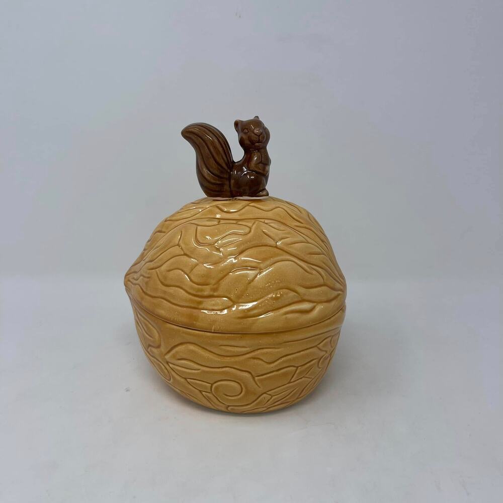 VTG Squirrel Nut Candy Dish Yellow Brown Ceramic Bowl w/Lid Quirky Retro MCM